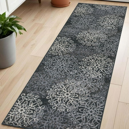 Superior Modern Floral Scroll Pet and Kid-Friendly Indoor Runner Rug, 2'7"x8', Slate