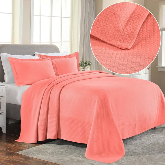Superior Solitaire Cotton Decorative Bedspread and Sham Set, Full, Coral