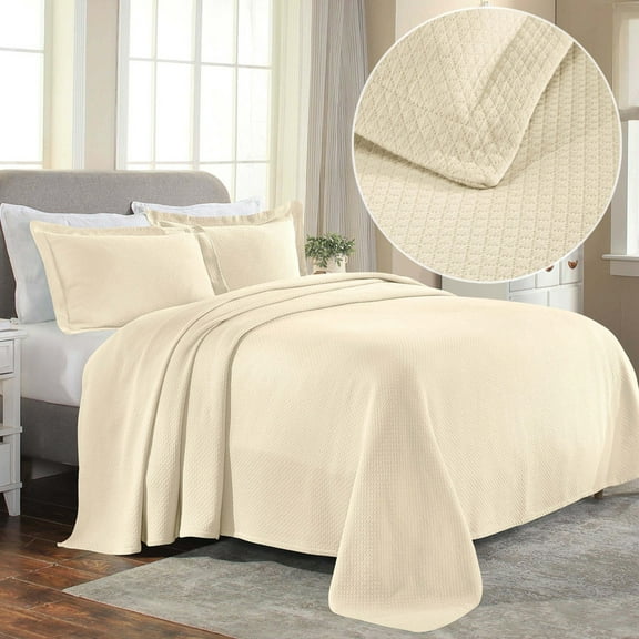 Superior Solitaire Cotton Decorative Bedspread and Sham Set, King, Ivory