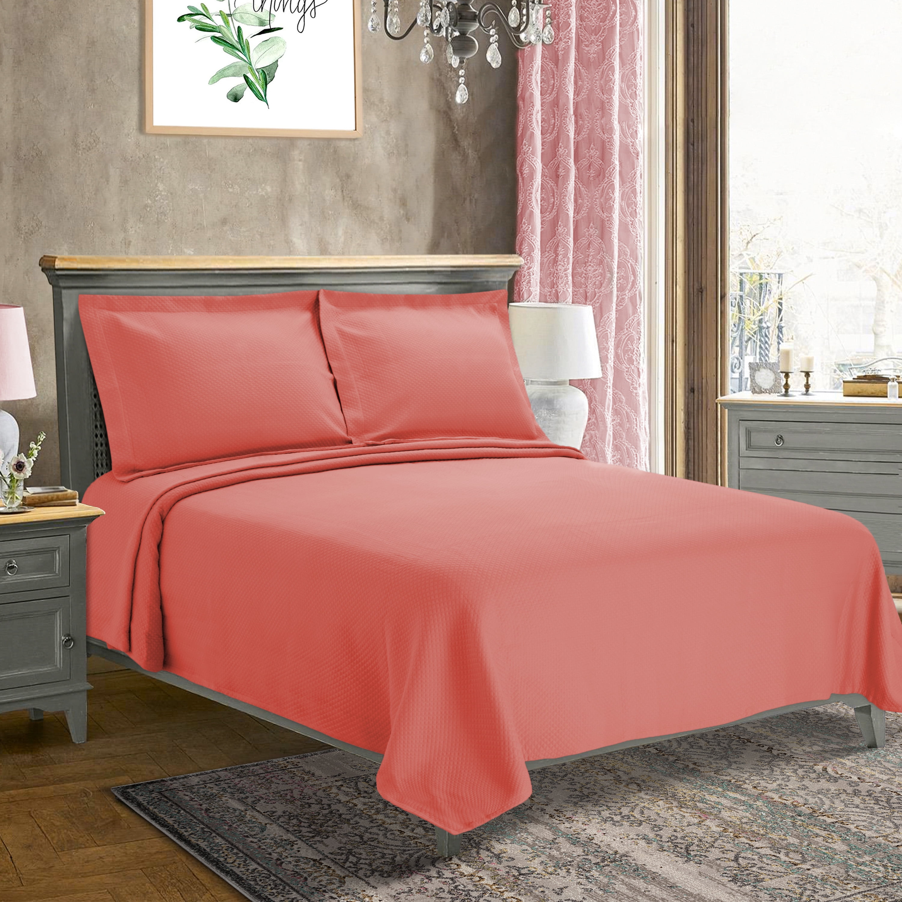 Coral Cotton Queen Reversible Bedspread Set