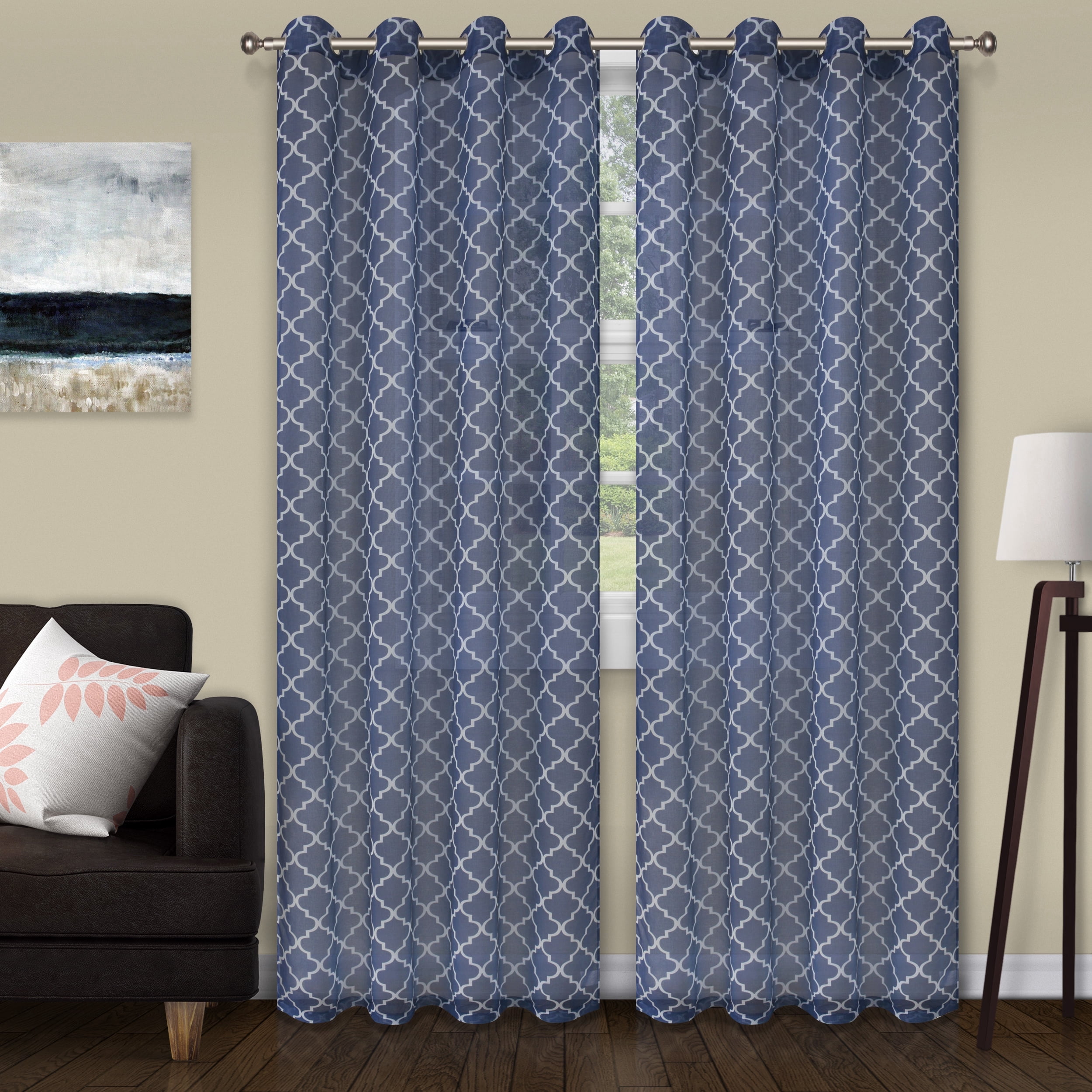 Superior Lightweight Trellis Sheer Curtains Set of 2, Grommet Header Curtain Pannel, Blue, 52"W x 108"L