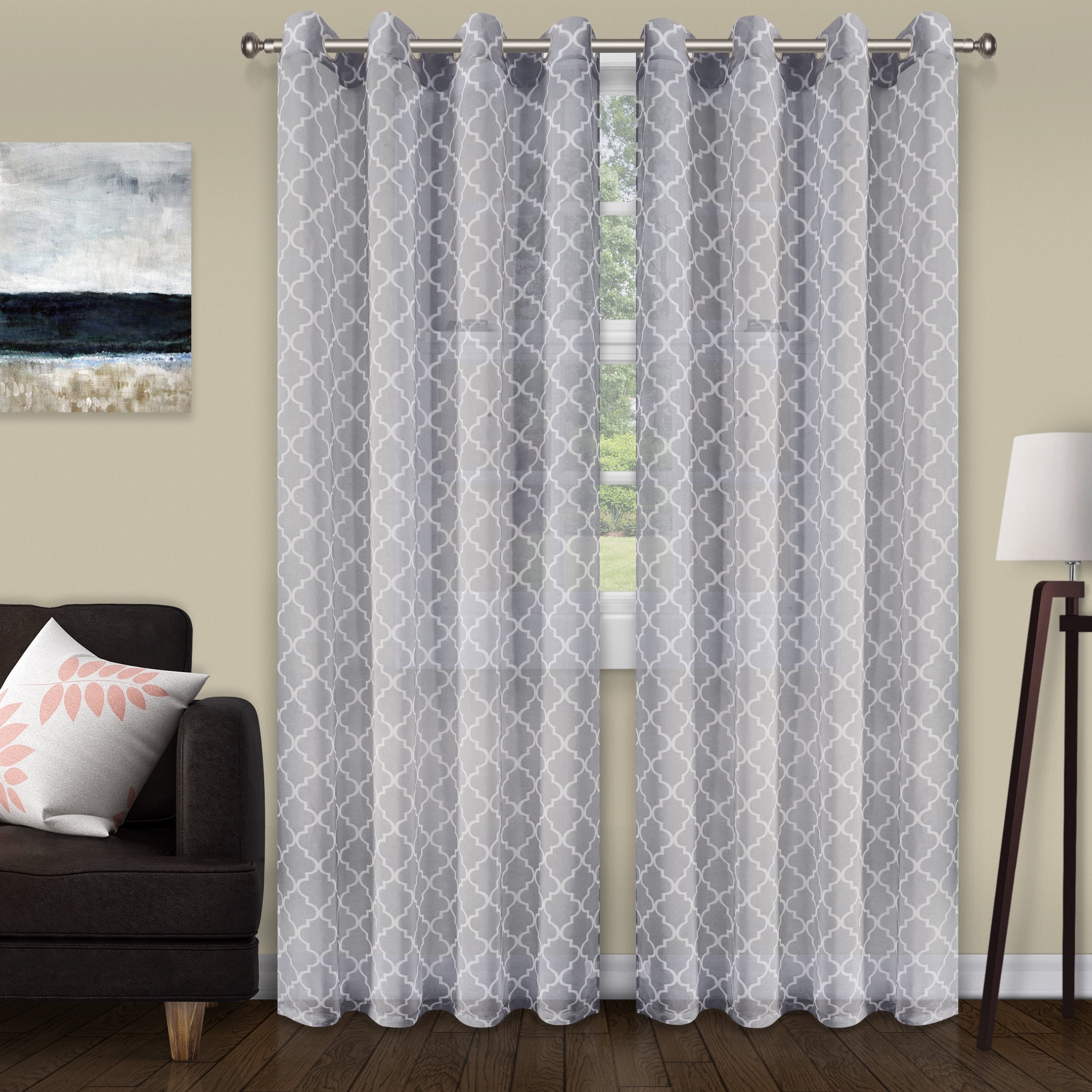 Gray Sheer Polyester Grommet Curtain Panels, 52" x 108", Set of 2
