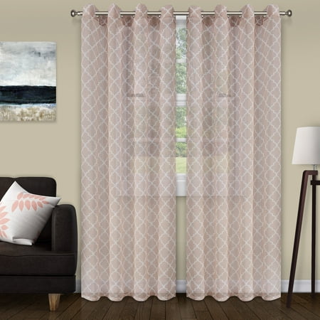 Superior Lightweight Trellis Sheer Curtains Set of 2, Grommet Header Curtain Pannel, Champagne, 52"W x 63"L