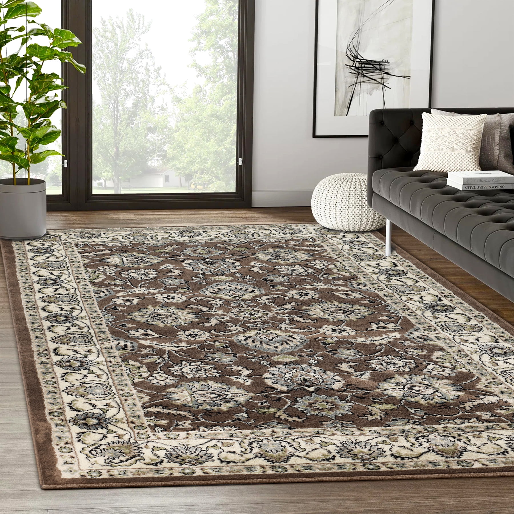 Brown and Cream 8' x 10' Floral Polypropylene Area Rug