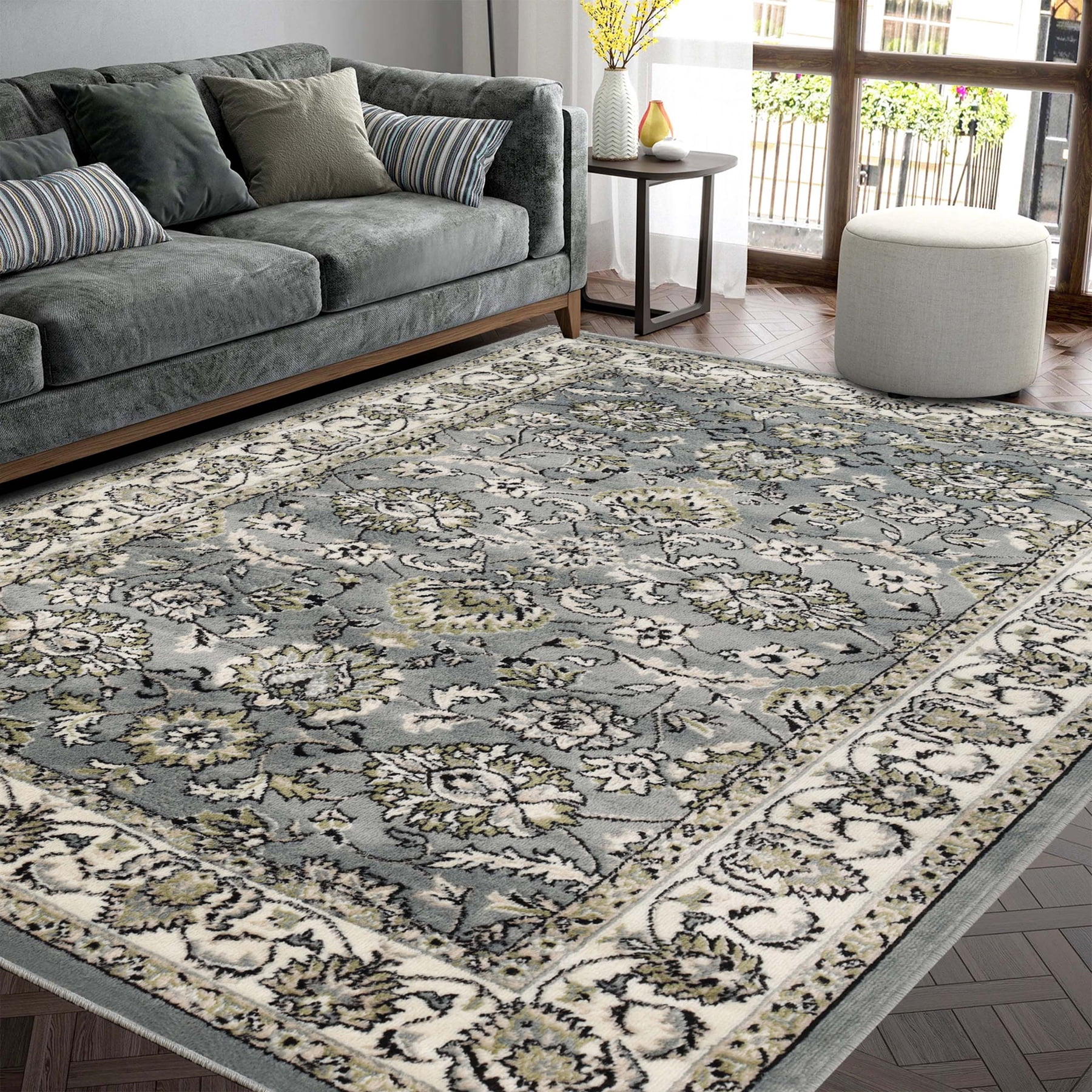 Elegant Cream Floral Medallion Synthetic Area Rug, 5' x 8'
