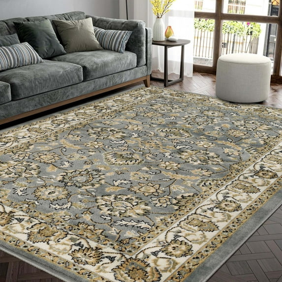 Superior Lille Traditional Floral Indoor Runner Rug, Grey, 5' x 8'
