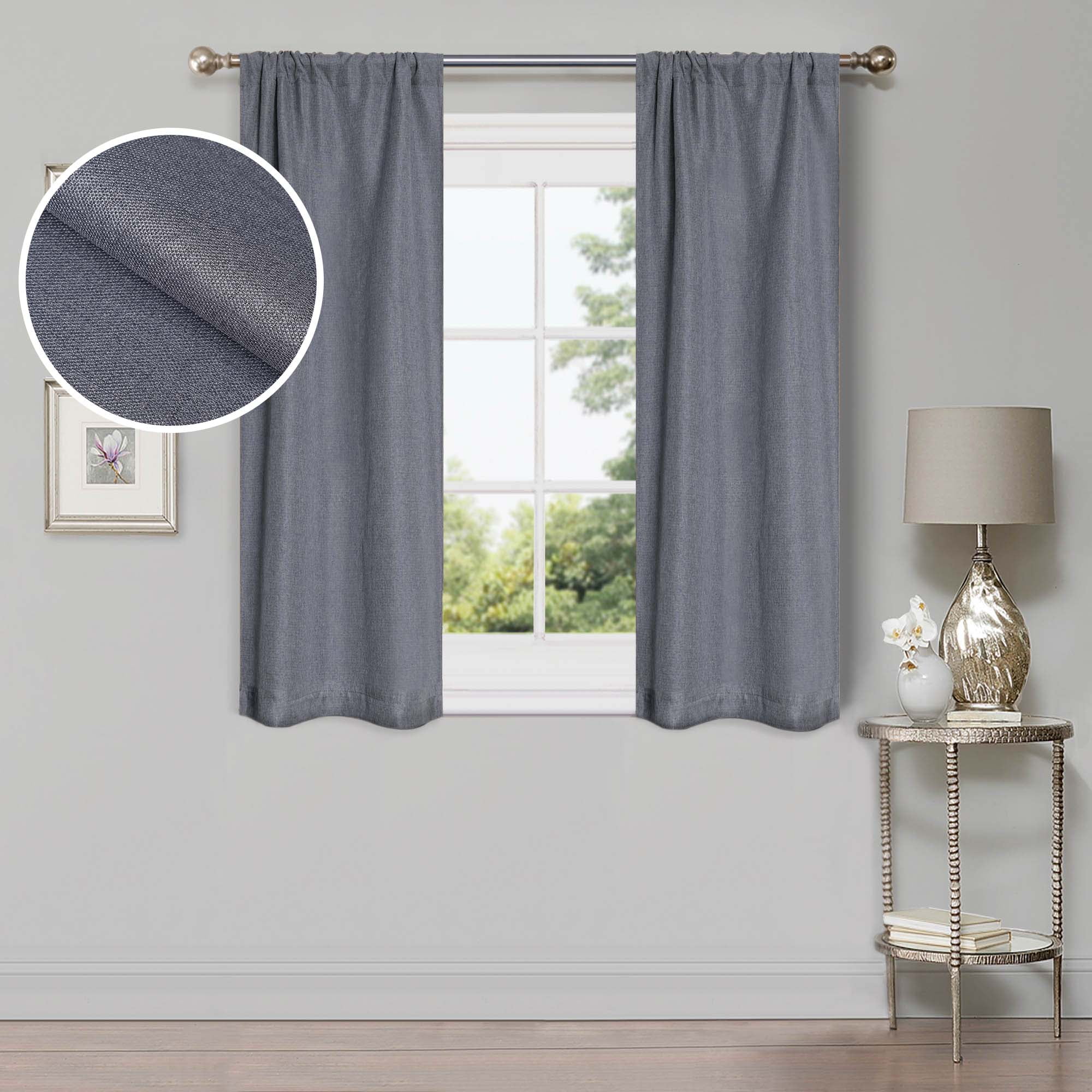 Charcoal Linen Pattern Blackout Curtains, 26" x 63", Set of 2