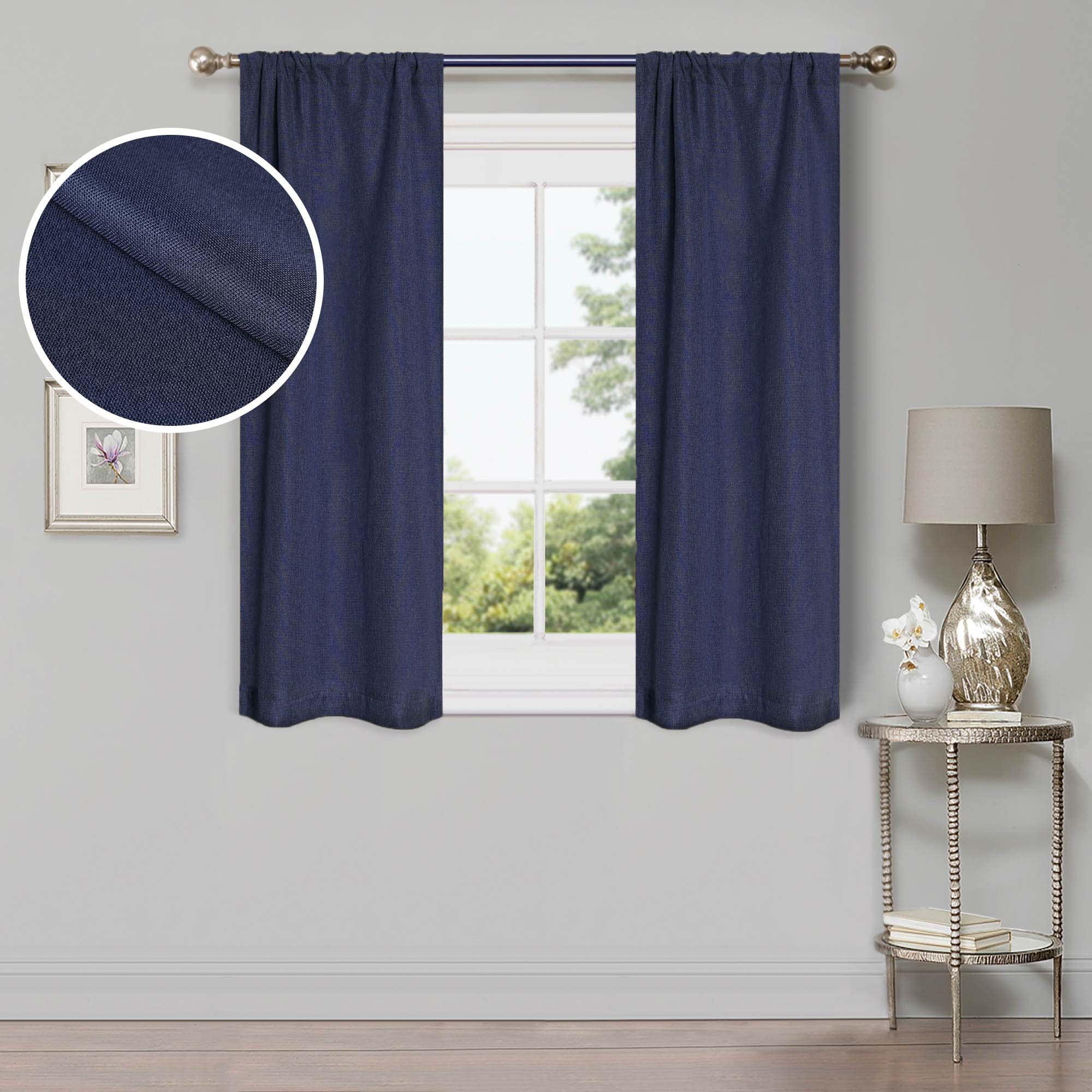 Superior Linen Blackout Curtains Set of 2, Rod Pocket Curtain Panel Pair, Navy Blue, 26"W x 63"L