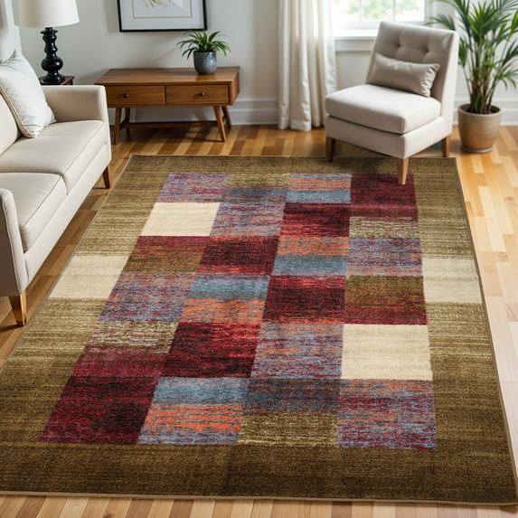 Superior Lockwood Indoor Non-Slip Washable Area Rug, 5' x 8', Brown-Burgundy