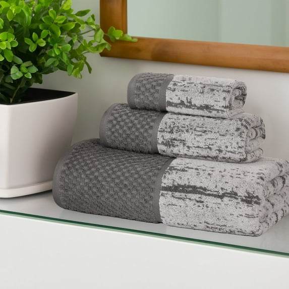 Superior Lodie Cotton Jacquard 3 Piece Towel Set, Ivory-Charcoal