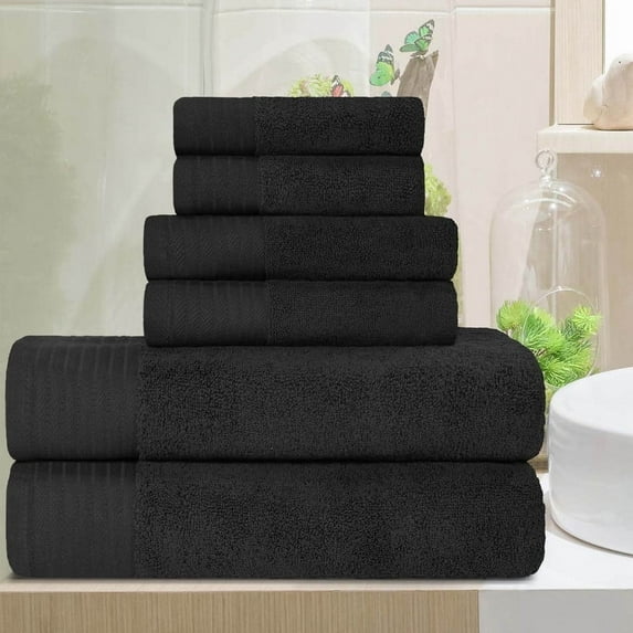 Superior Turkish Cotton Highly-absorbent 6-Piece Towel Set for Bathroom, Spa, and Gym, Black