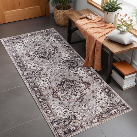 Superior Mahi Modern Medallion Washable Indoor Runner Rug, 2' 7" x 6', Grey