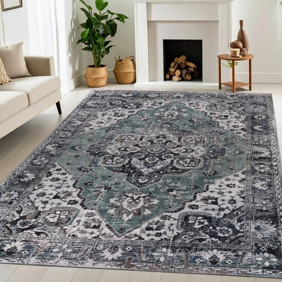 Superior Mahi Ornate Floral Washable Indoor Area Rug, 10' x 14', Turquoise