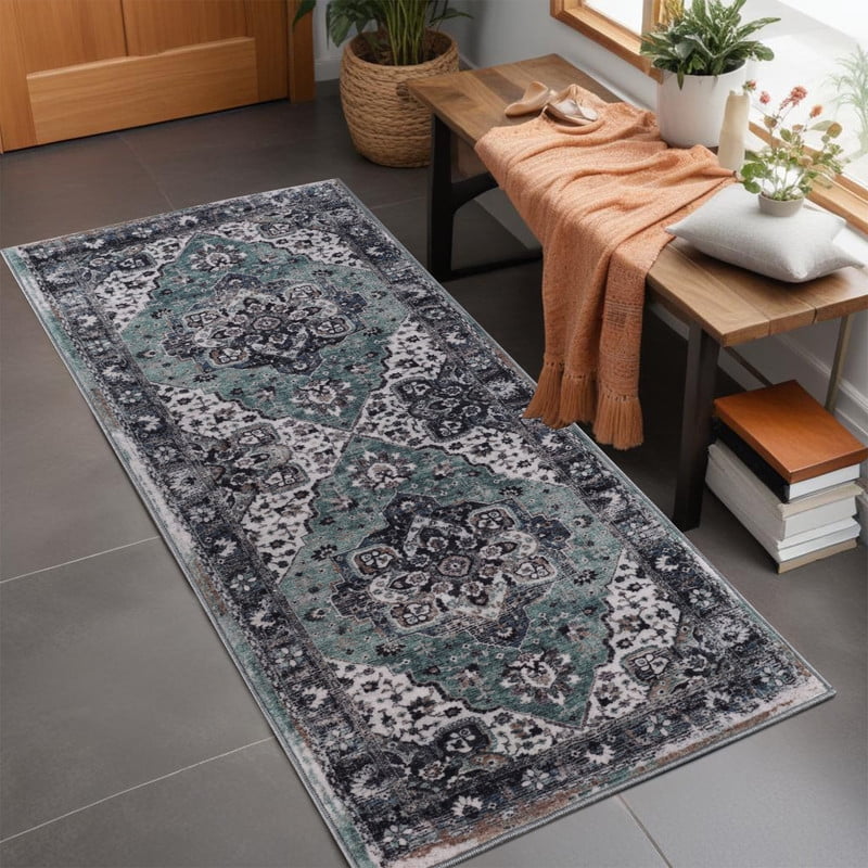 Superior Mahi Ornate Floral Washable Indoor Runner Rug, 2' 7" x 6', Turquoise