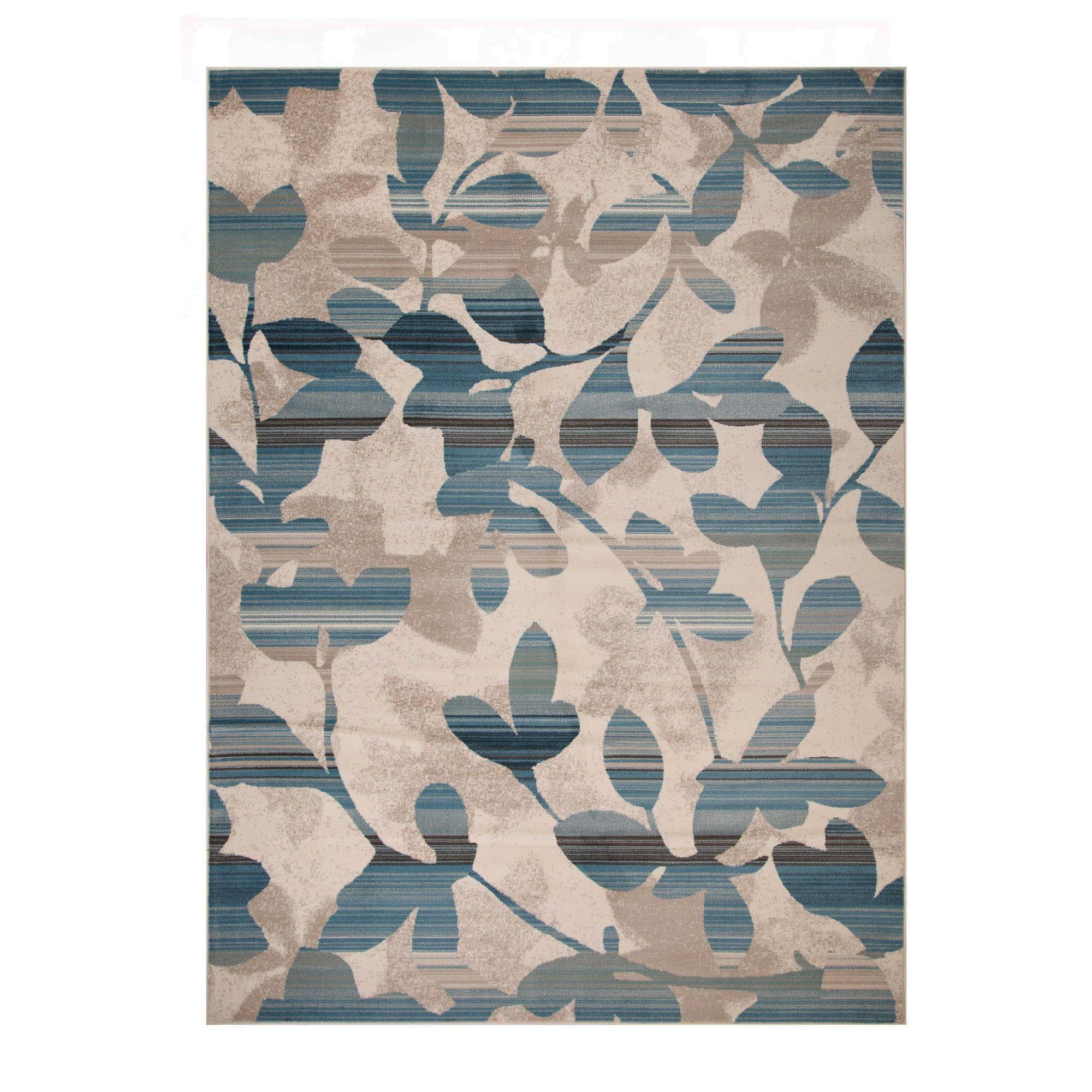 Cream and Blue Floral Pattern Stain-Resistant Synthetic Area Rug, 5'x8'