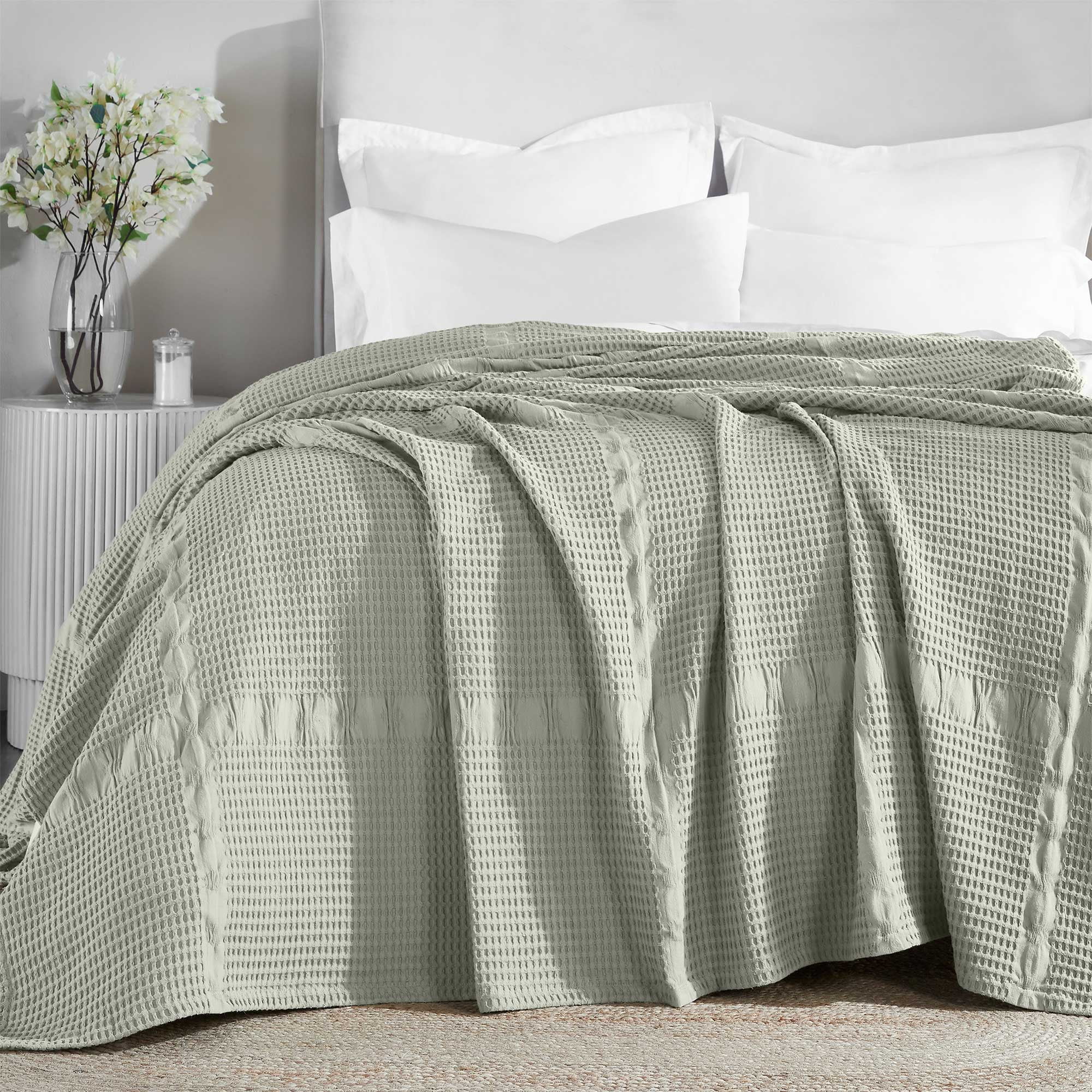 Sage Cotton Waffle Weave Reversible Throw Blanket