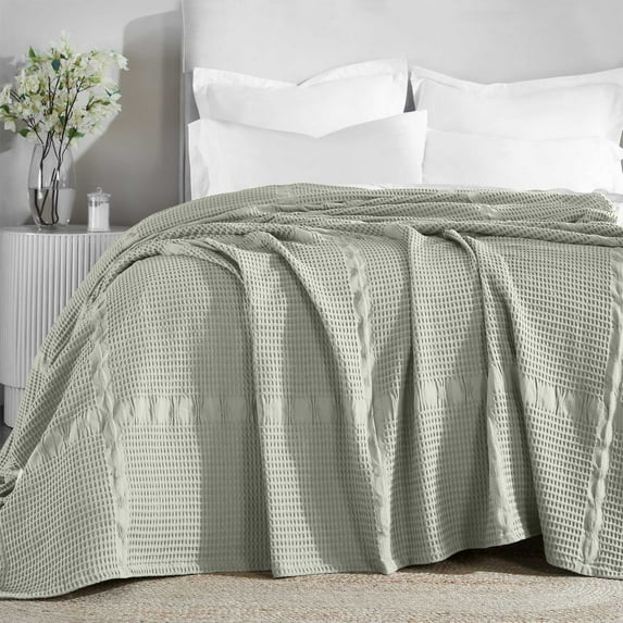 Superior Mai Geometric Waffle Cotton Blanket, Throw, Sage