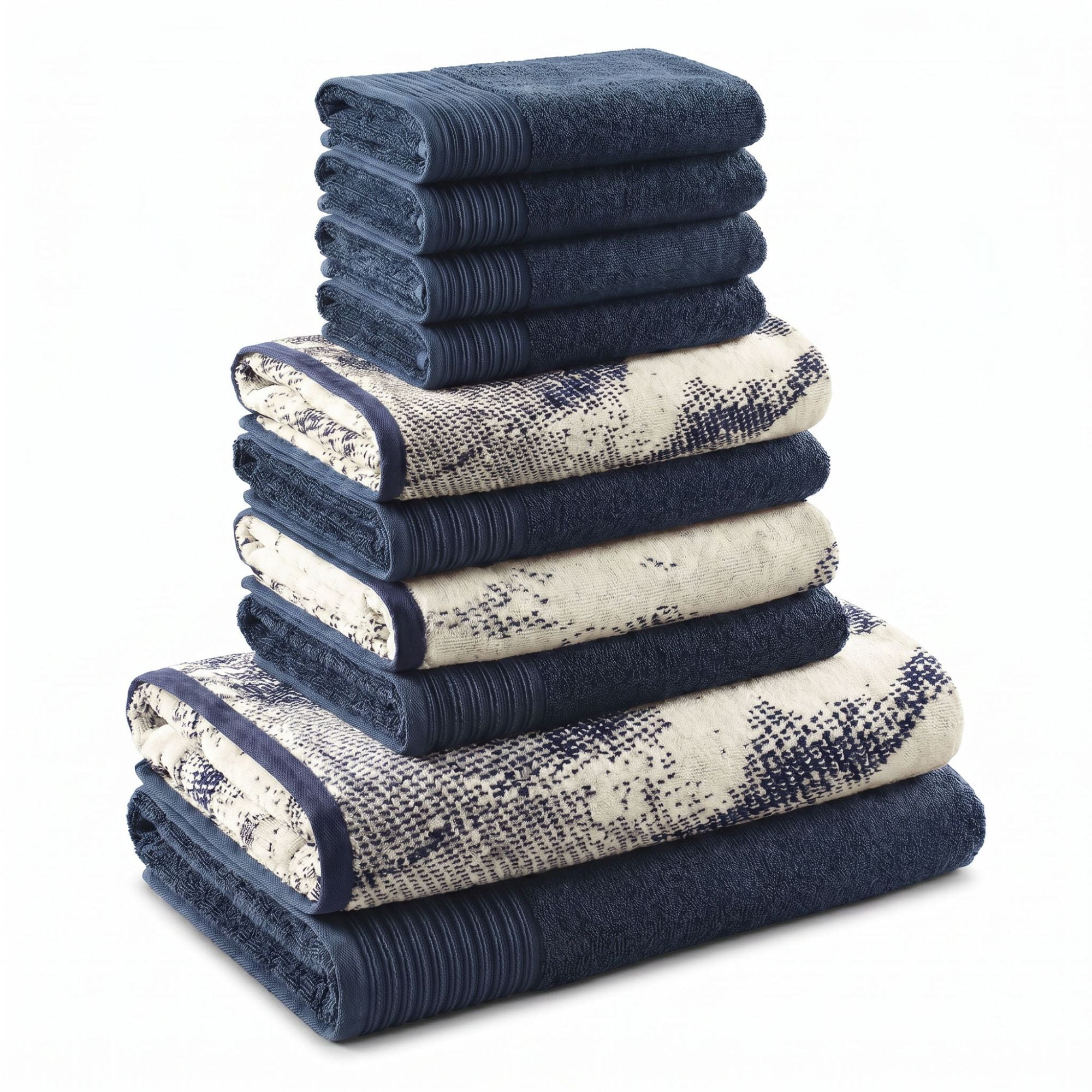 Superior Marble and Solid Jacquard Assorted Cotton 10 Piece Towel Set, Navy Blue - Ivory