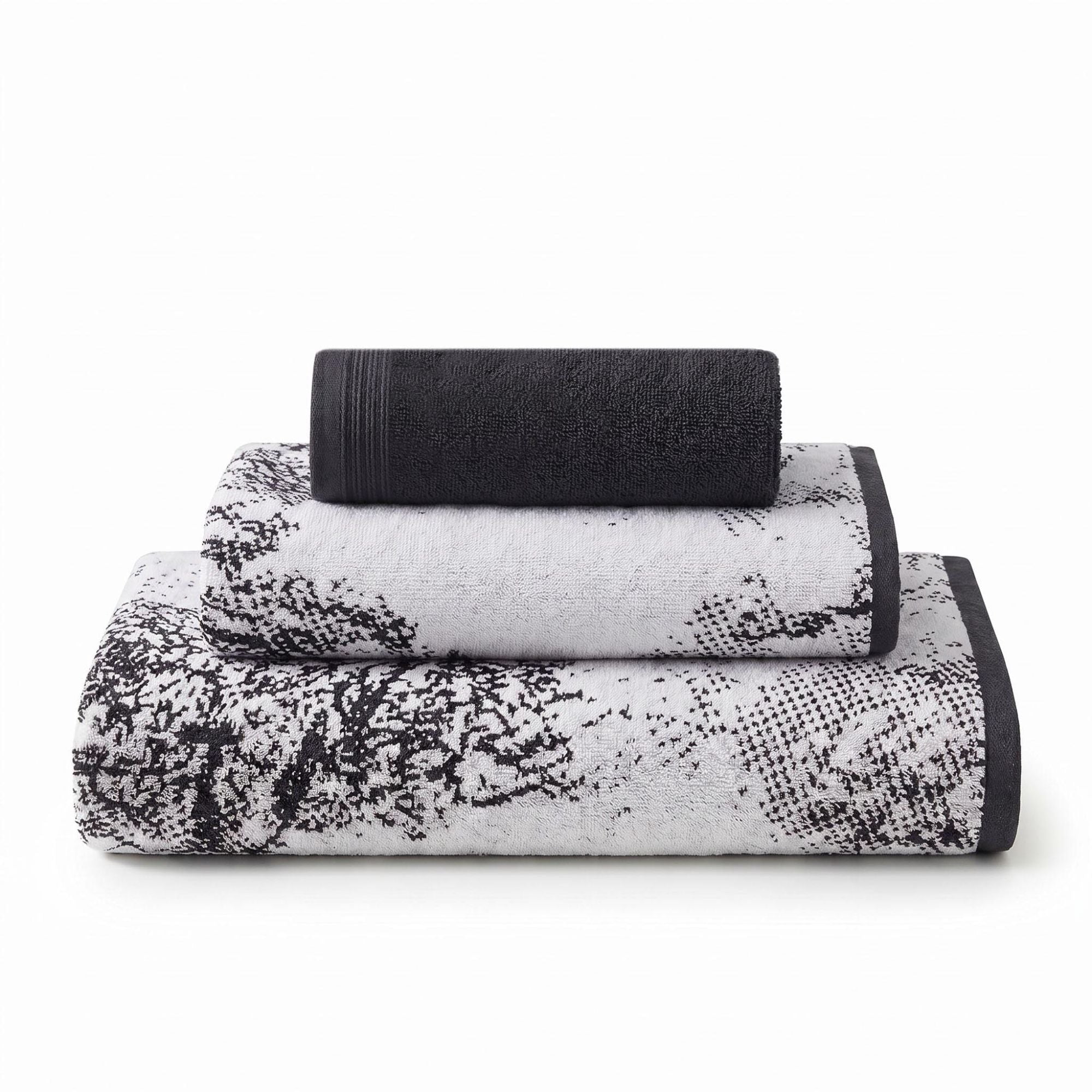 Superior Marble and Solid Jacquard Assorted Cotton 3 Piece Towel Set, Black