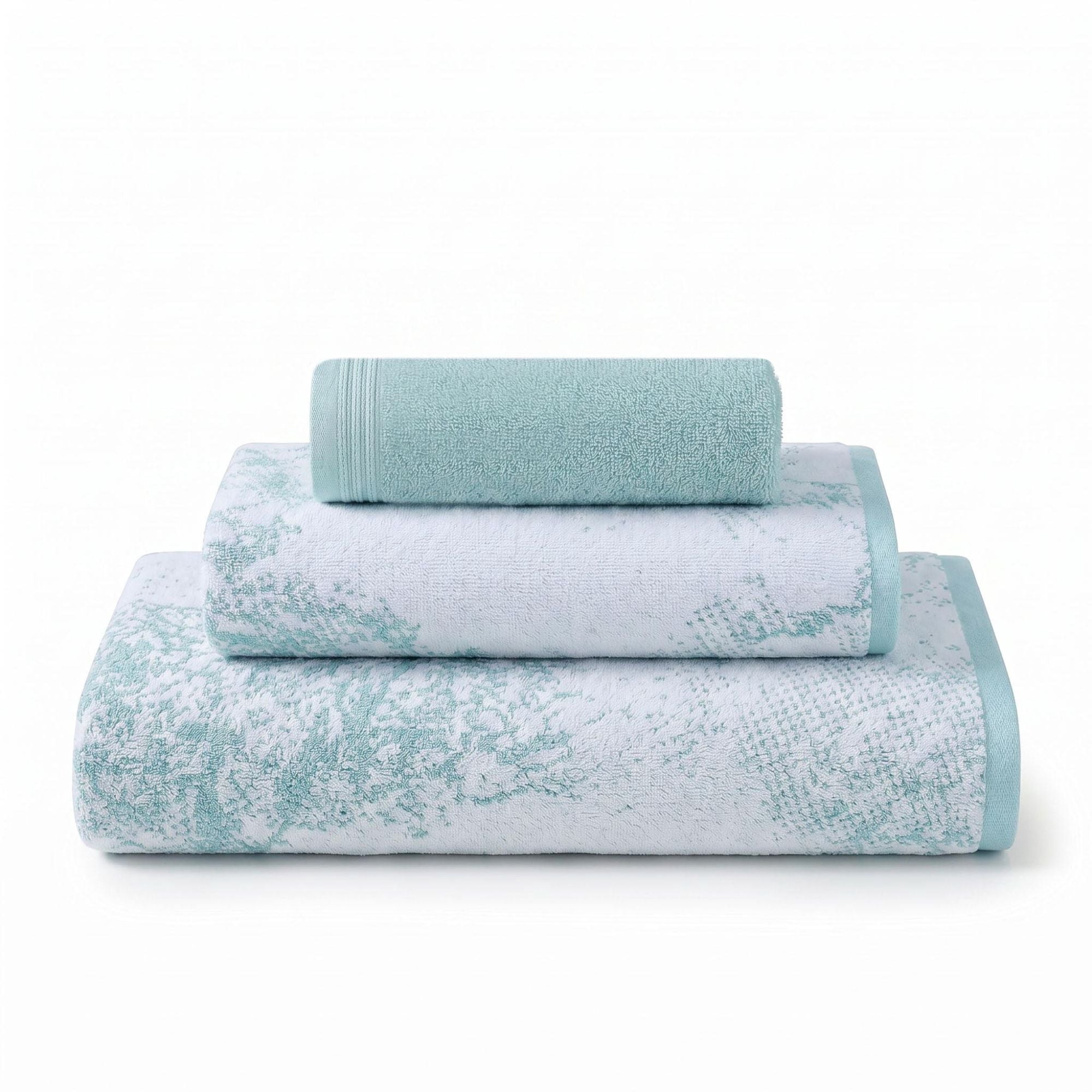 Superior Marble and Solid Jacquard Assorted Cotton 3 Piece Towel Set, Cyan