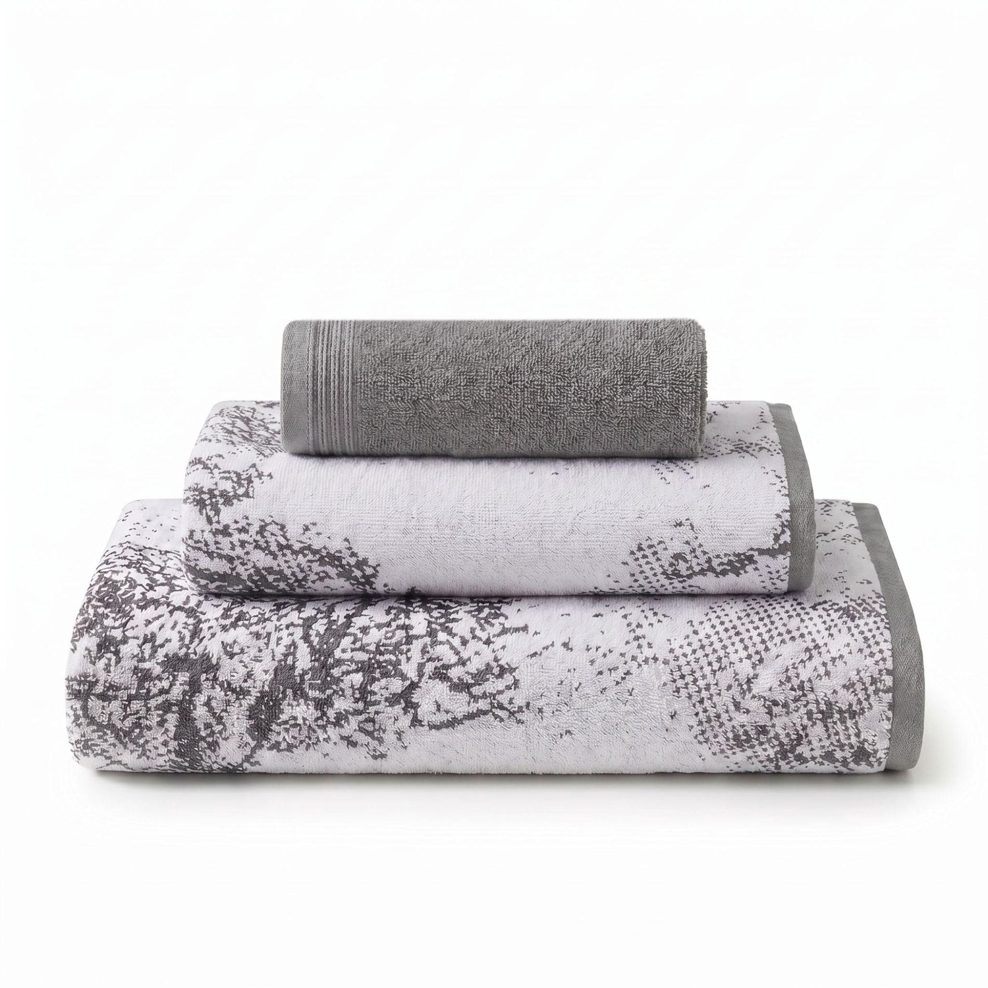Superior Marble and Solid Jacquard Assorted Cotton 3 Piece Towel Set, Grey