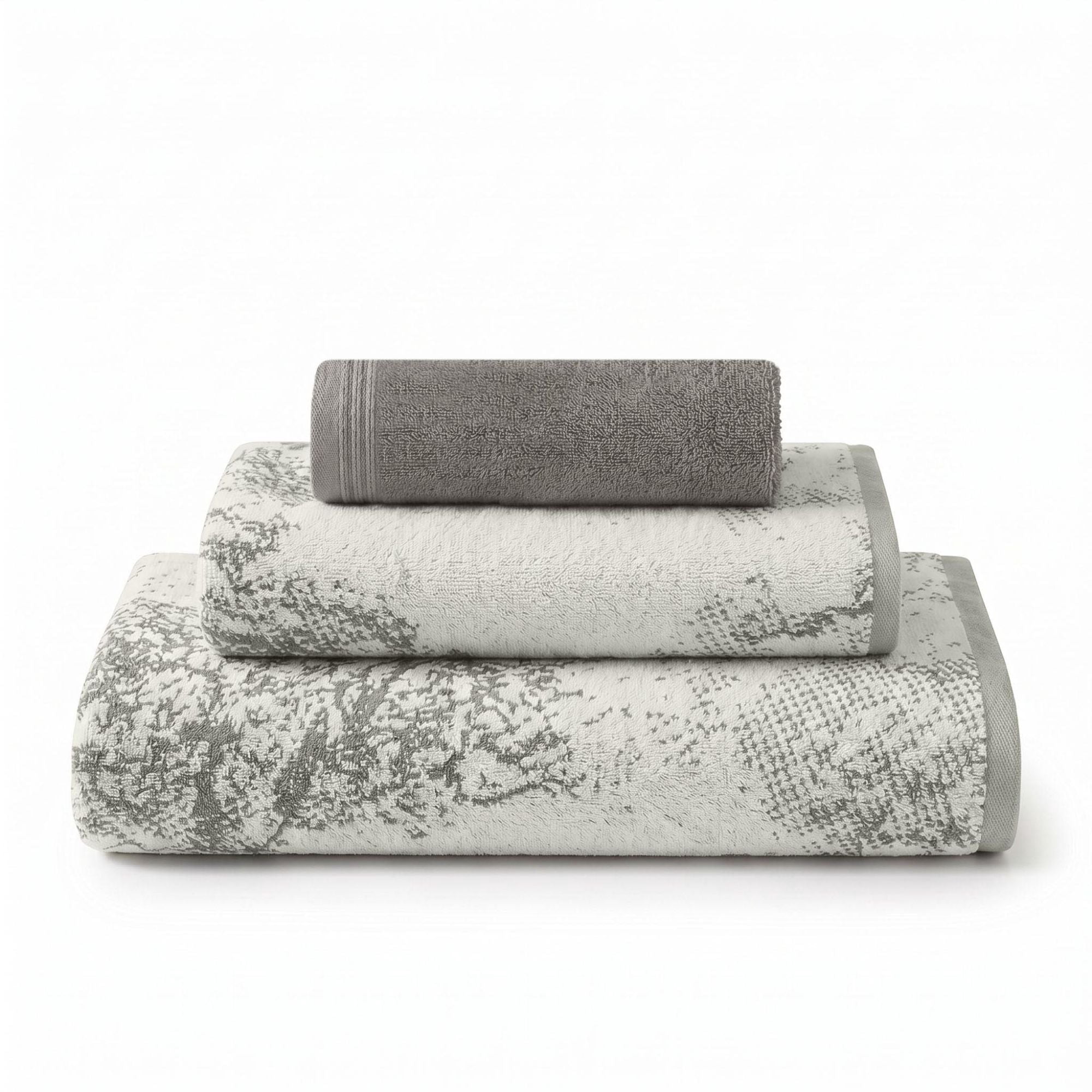 Superior Marble and Solid Jacquard Assorted Cotton 3 Piece Towel Set, Ivory - Charcoal