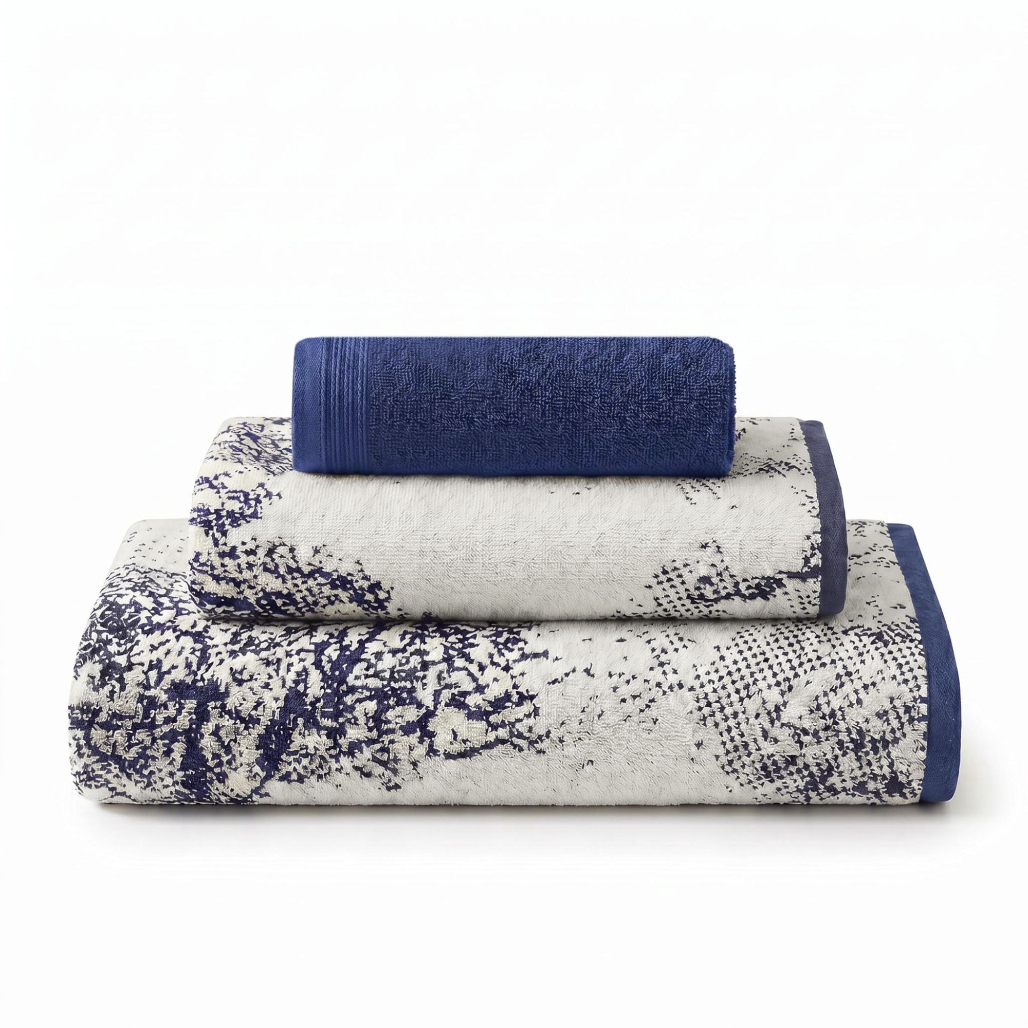 Superior Marble and Solid Jacquard Assorted Cotton 3 Piece Towel Set, Navy Blue - Ivory