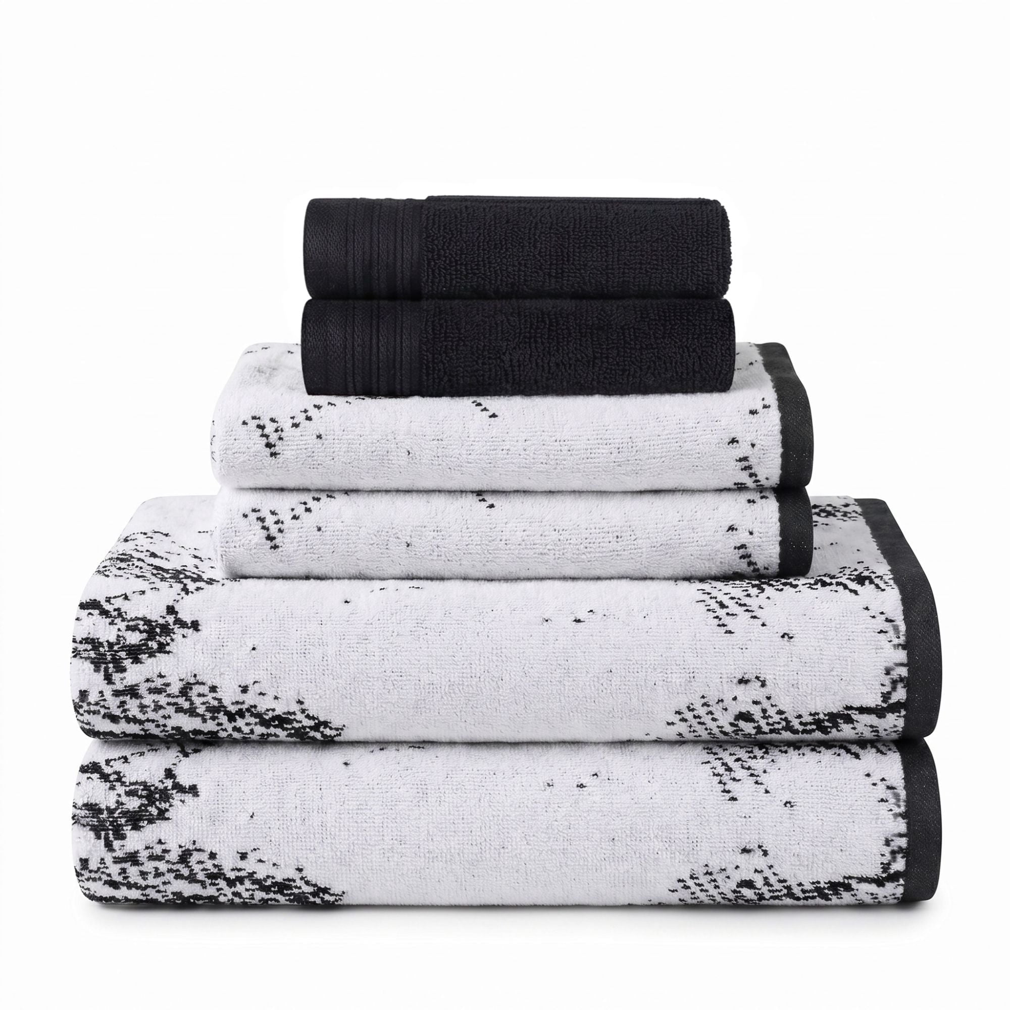 Superior Marble and Solid Jacquard Assorted Cotton 6 Piece Towel Set, Black