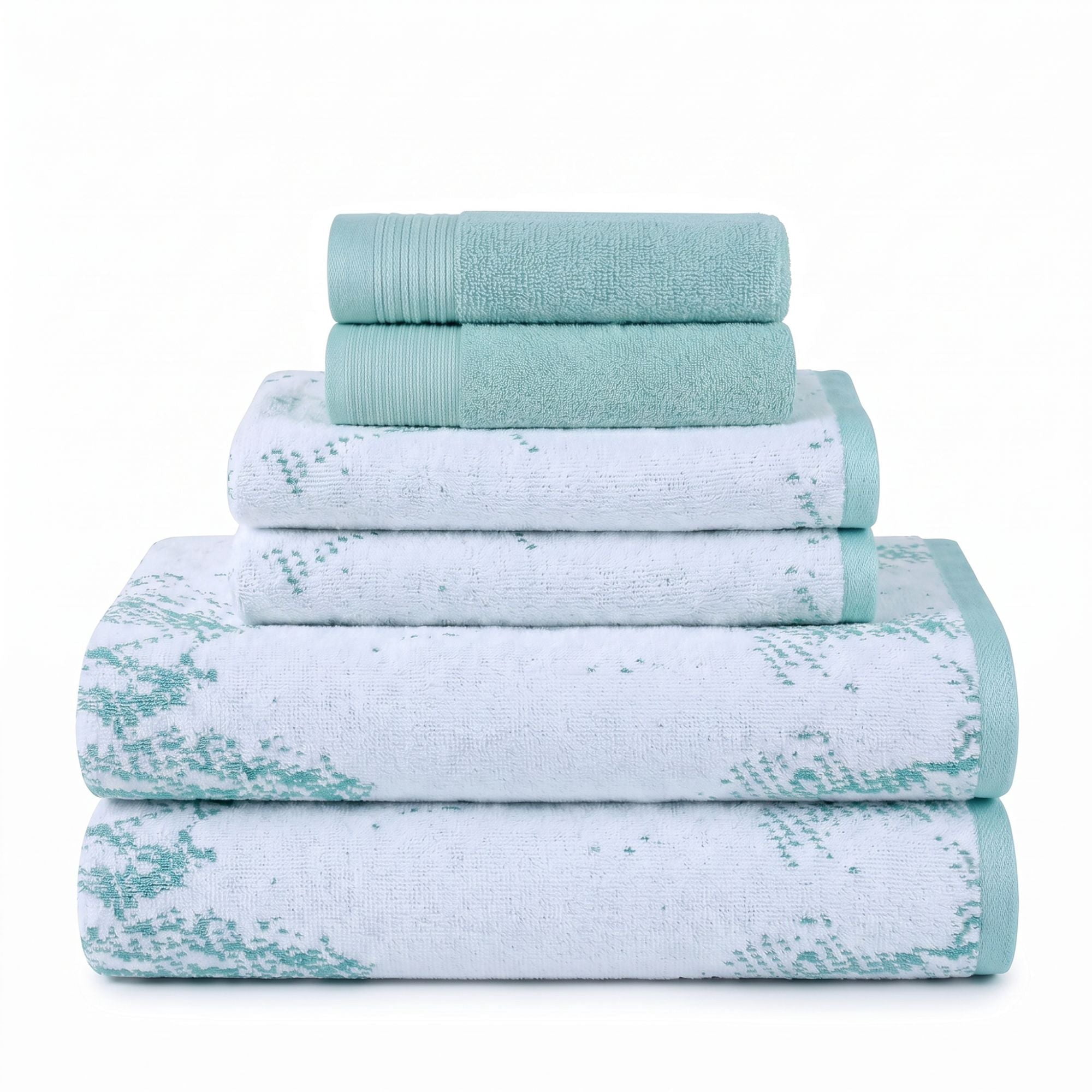 Superior Marble and Solid Jacquard Assorted Cotton 6 Piece Towel Set, Cyan
