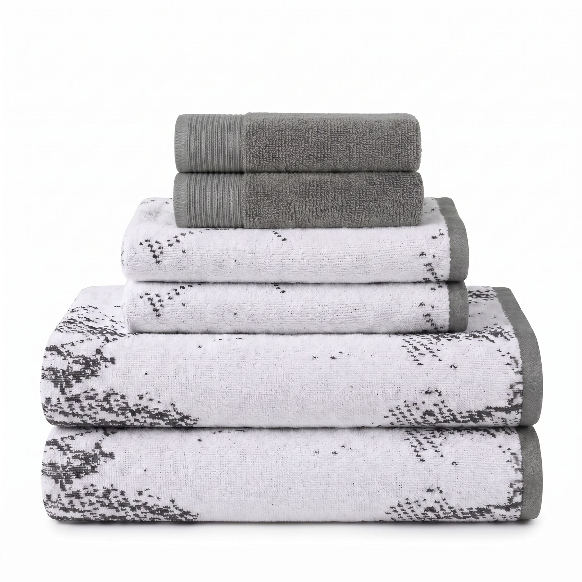 Superior Marble and Solid Jacquard Assorted Cotton 6 Piece Towel Set, Grey