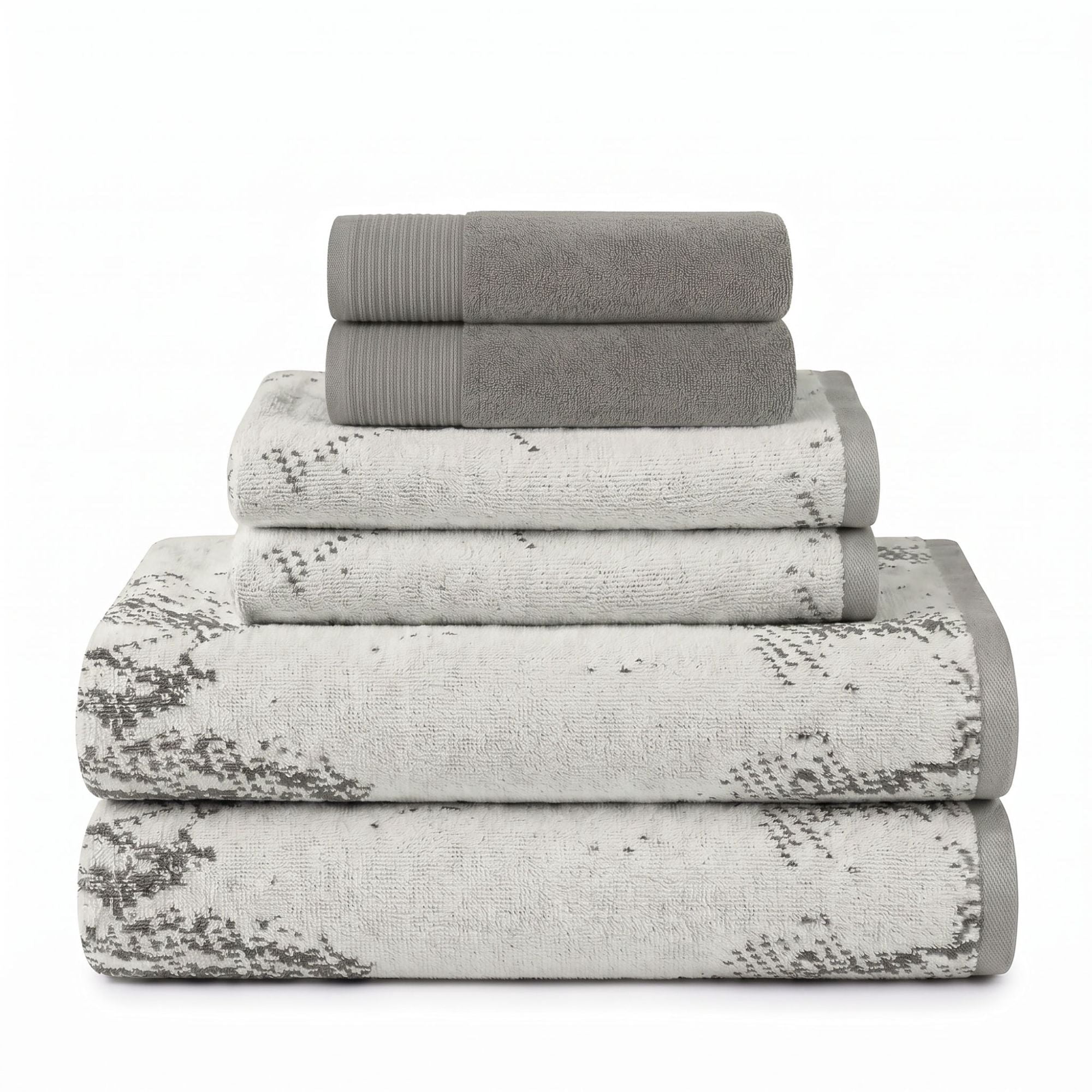 Superior Marble and Solid Jacquard Assorted Cotton 6 Piece Towel Set, Ivory - Charcoal