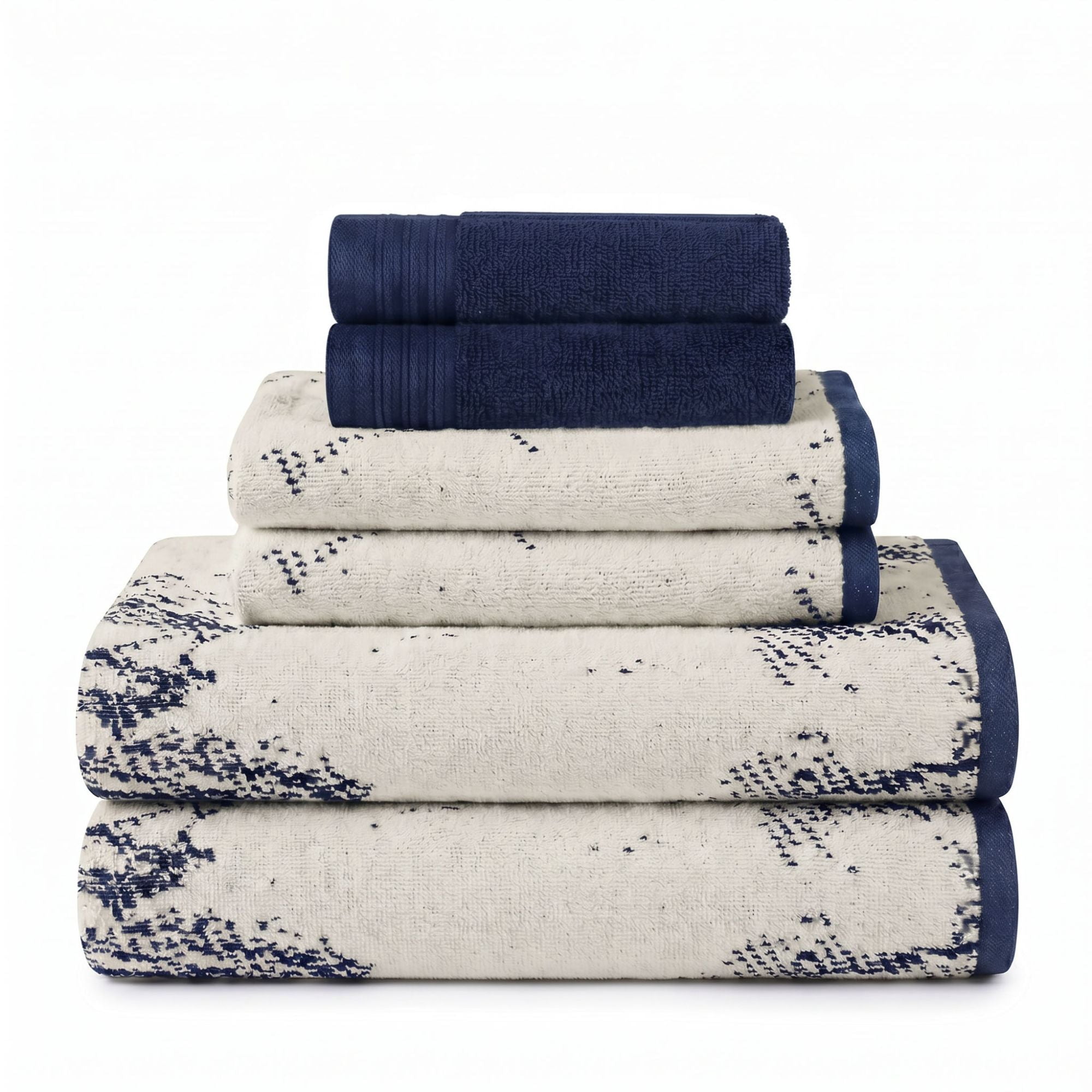Superior Marble and Solid Jacquard Assorted Cotton 6 Piece Towel Set, Navy Blue - Ivory