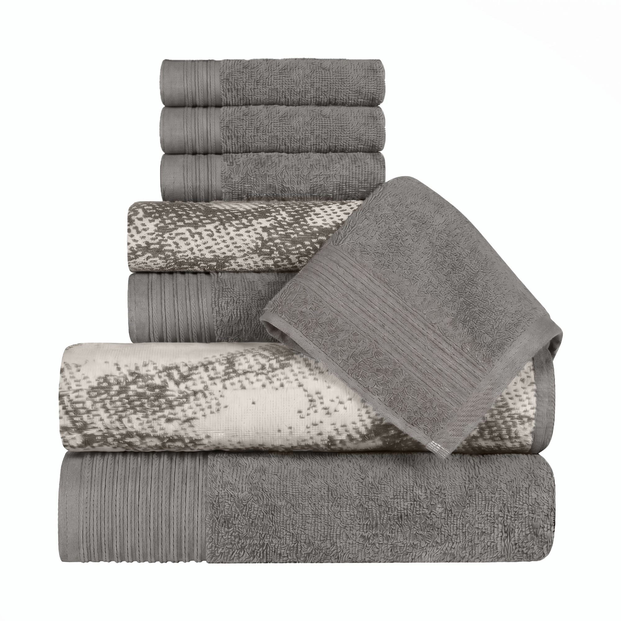 Superior Marble and Solid Jacquard Assorted Cotton 8 Piece Towel Set, Ivory - Charcoal