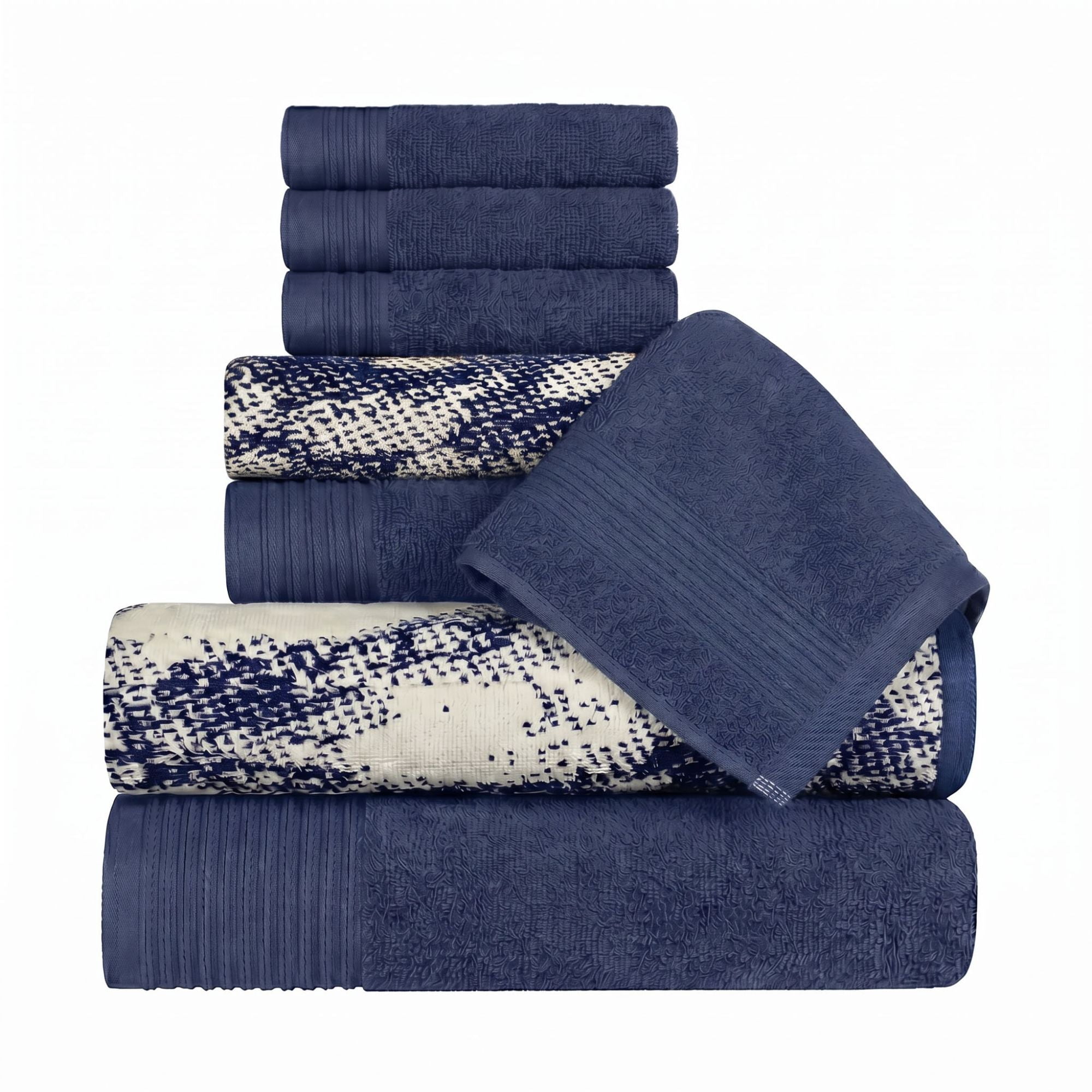 Superior Marble and Solid Jacquard Assorted Cotton 8 Piece Towel Set, Navy Blue - Ivory
