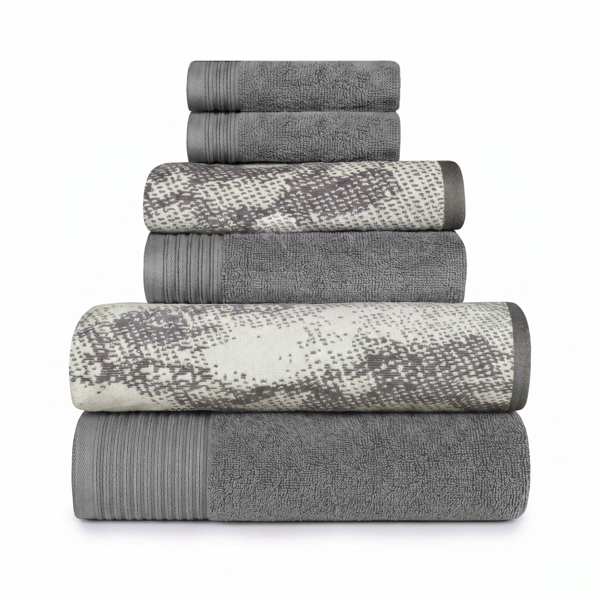 Superior Marble and Solid Jacquard Border Cotton 6 Piece Towel Set, Ivory - Charcoal