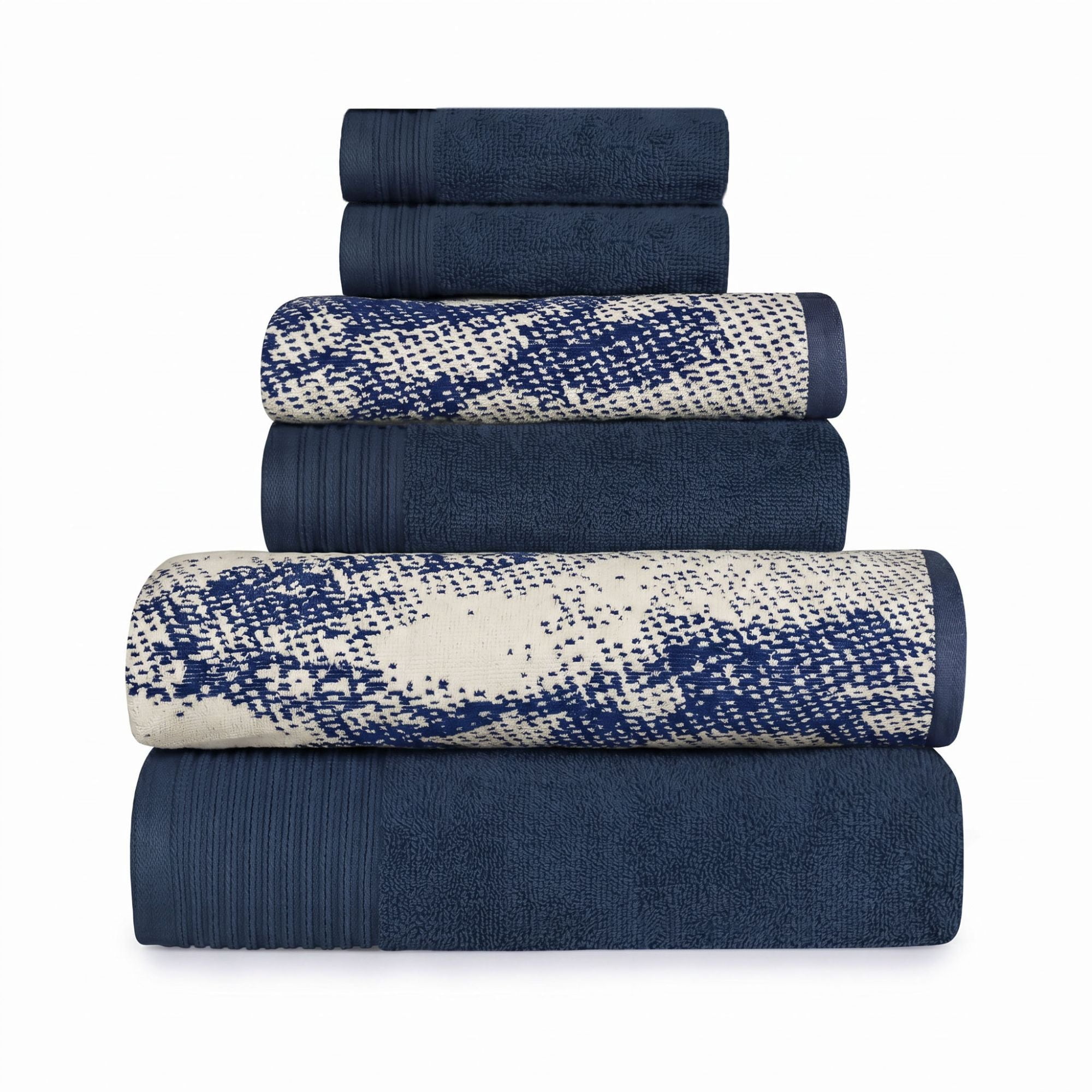 Superior Marble and Solid Jacquard Border Cotton 6 Piece Towel Set, Navy Blue - Ivory