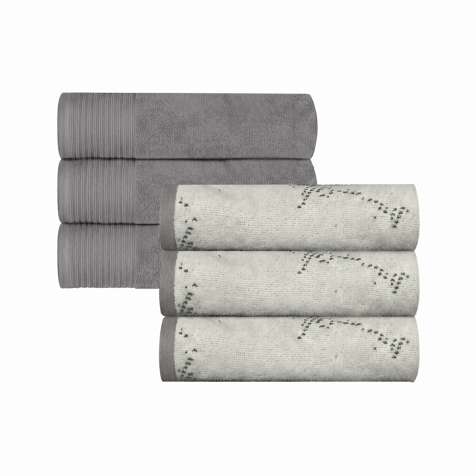 Superior Marble and Solid Jacquard Cotton 6-Piece Hand Towel Set, 6-Pack, Ivory - Charcoal