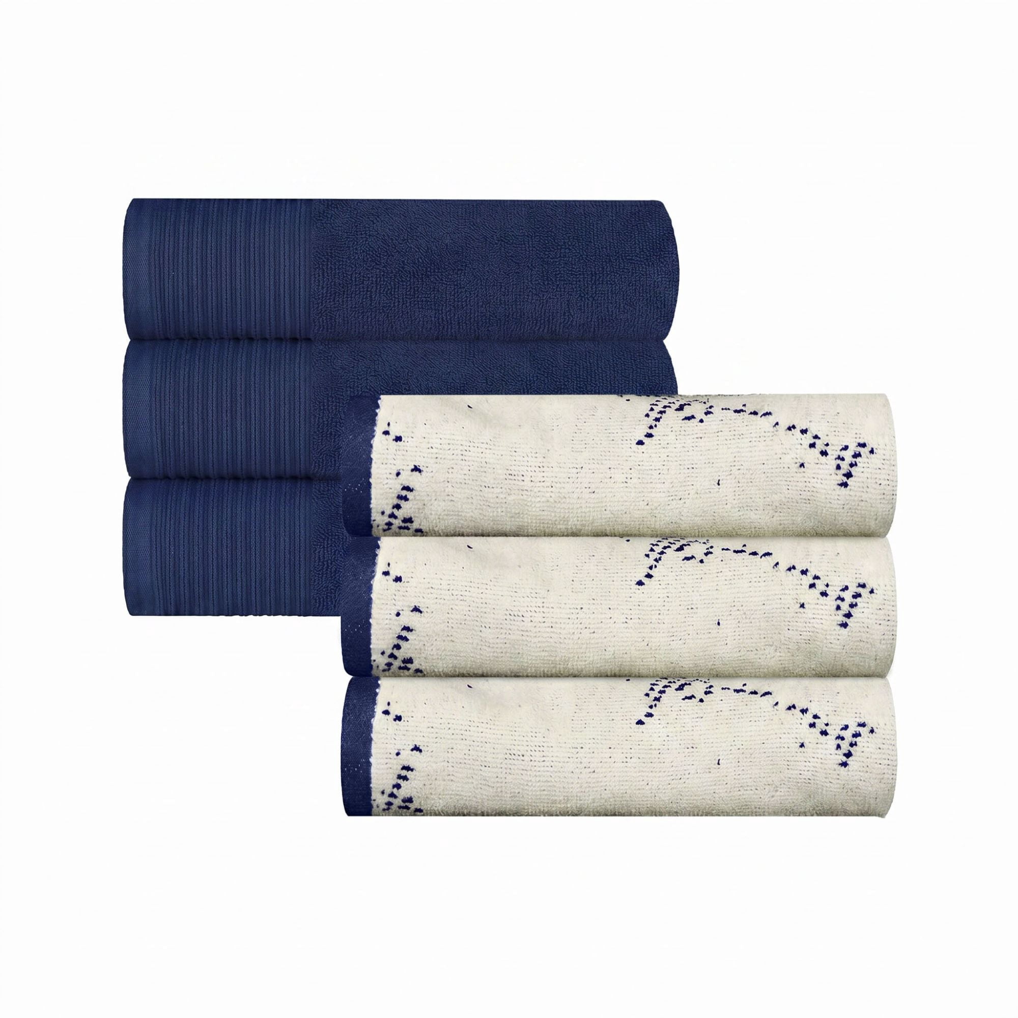 Superior Marble and Solid Jacquard Cotton 6-Piece Hand Towel Set, 6-Pack, Navy Blue - Ivory