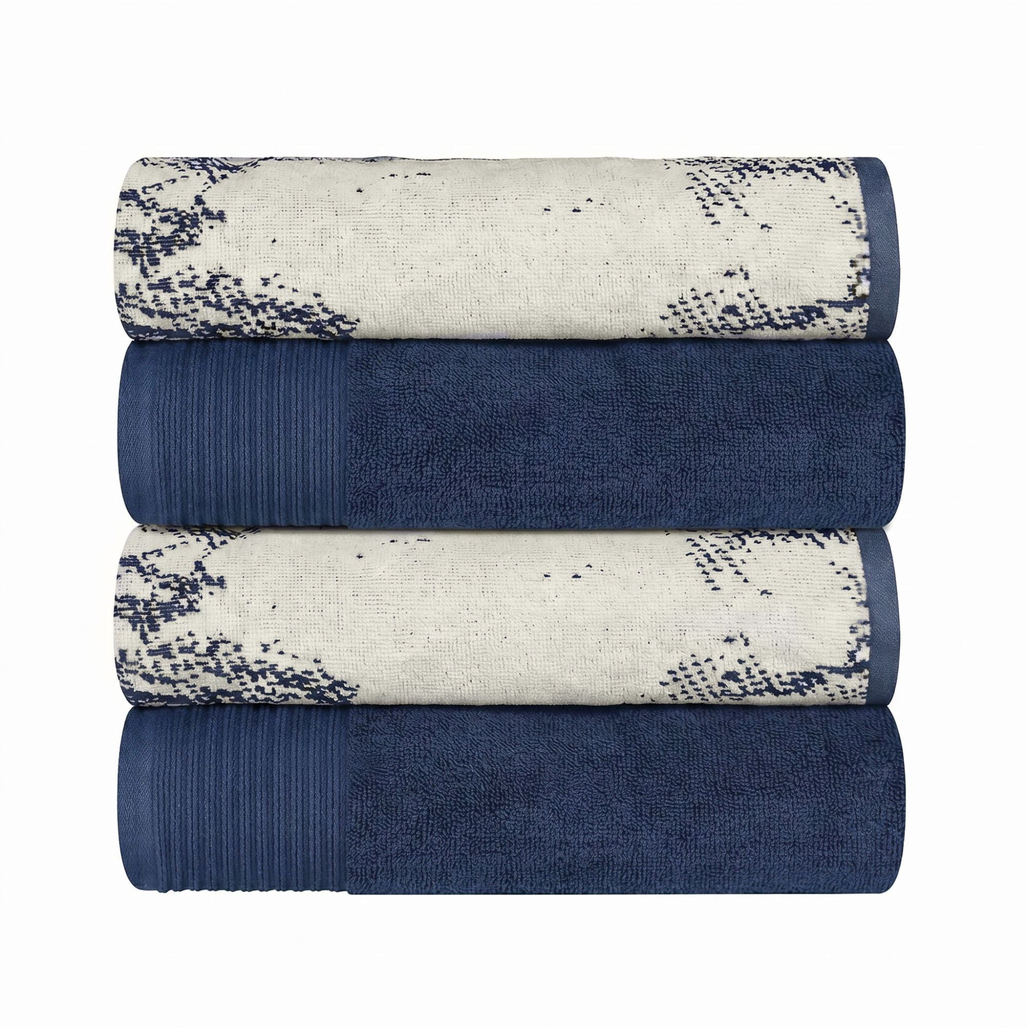 Superior Marble and Solid Jacquard Cotton Bath Towel Set, 4-Pack, Navy Blue - Ivory