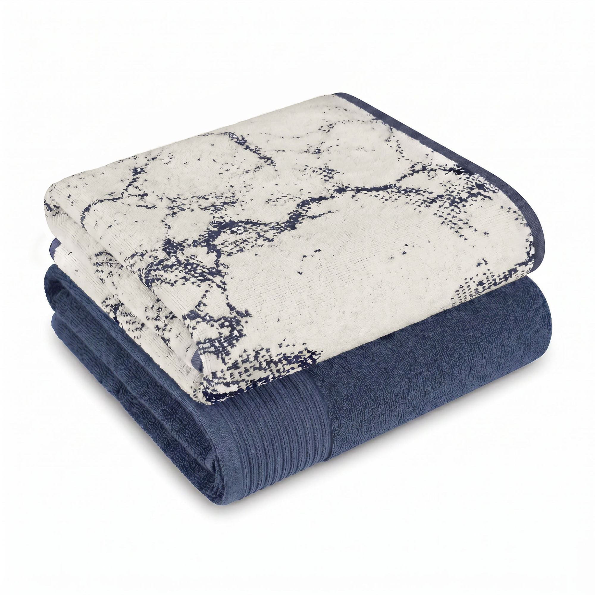 Superior Marble and Solid Jacquard Oversized Cotton Bath Sheets, 2-Pack, Navy Blue - Ivory