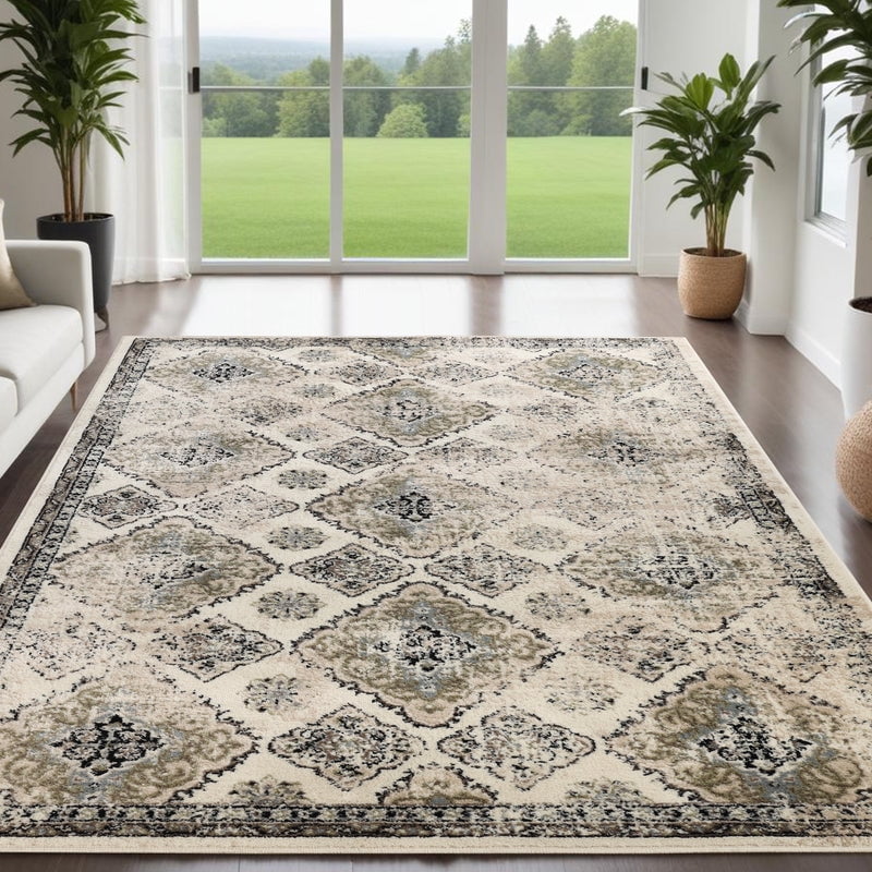 Ivory Rectangular Synthetic Easy Care Area Rug, 5x8 ft