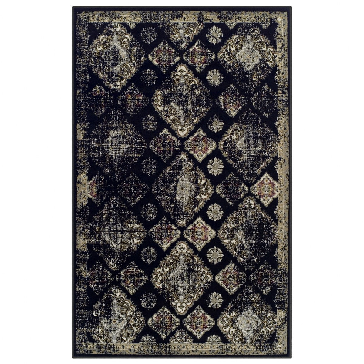 Black Distressed Damask Synthetic 8' x 10' Area Rug