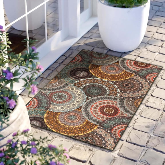 Superior Medallion 2' x 3' Non-Slip Indoor Outdoor Area Rug, Rugs For Living Room Patio Porch, Black