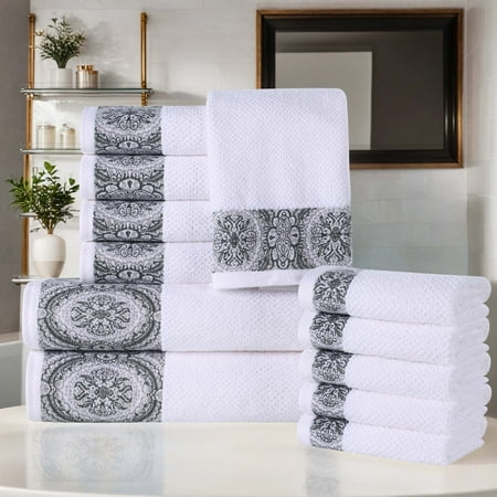 Superior Medallion Cotton 12 Piece Towel Set, White/ Grey