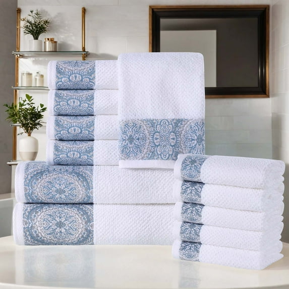 Superior Medallion Cotton 12 Piece Towel Set, White/ Navy Blue