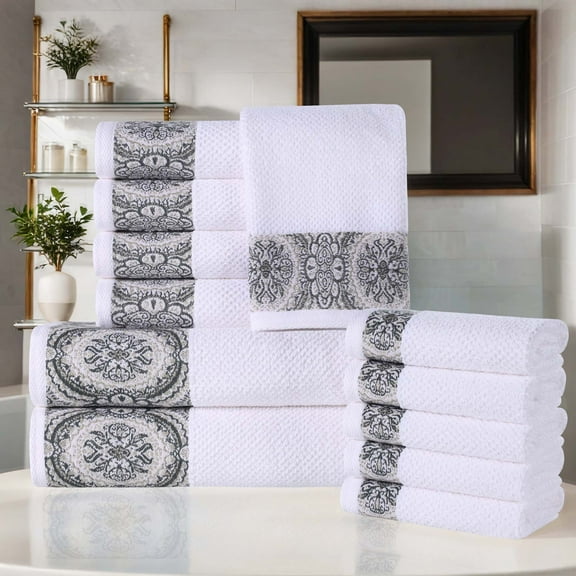 Superior Medallion Cotton 12 Piece Towel Set, White/ Stone
