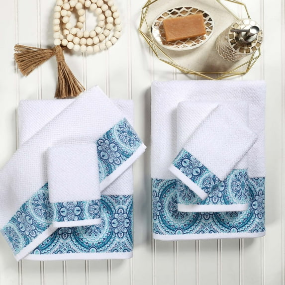 Superior Medallion Cotton 6 Piece Towel Set, White/ Aqua