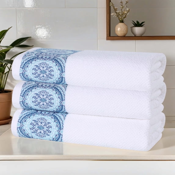 Superior Medallion Cotton Bath Towels, Set of 3, White/ Aqua