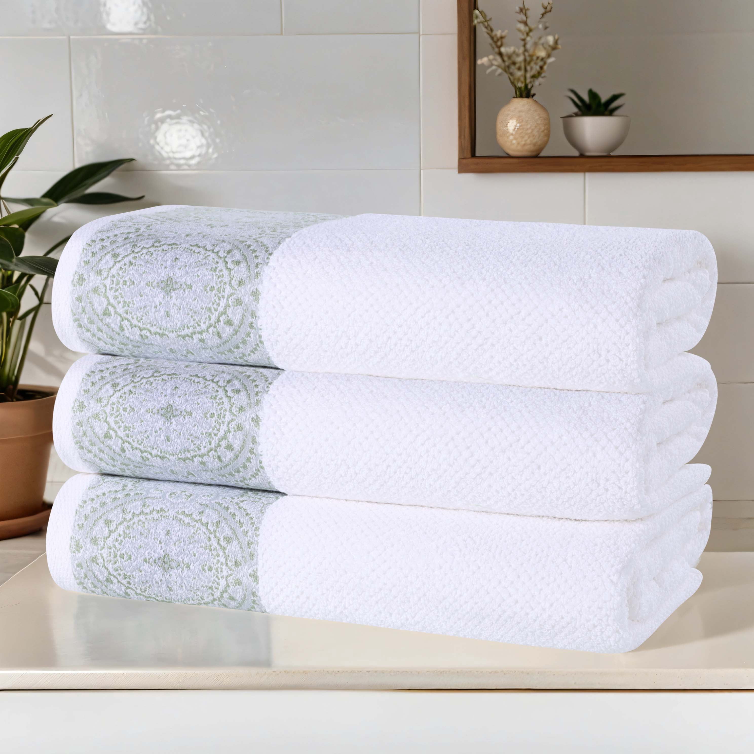 Superior Medallion Cotton Bath Towels, Set of 3, White/ Silver