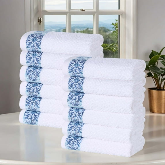 Superior Medallion Cotton Face Towels/ Washcloths, Set of 12, White/ Aqua